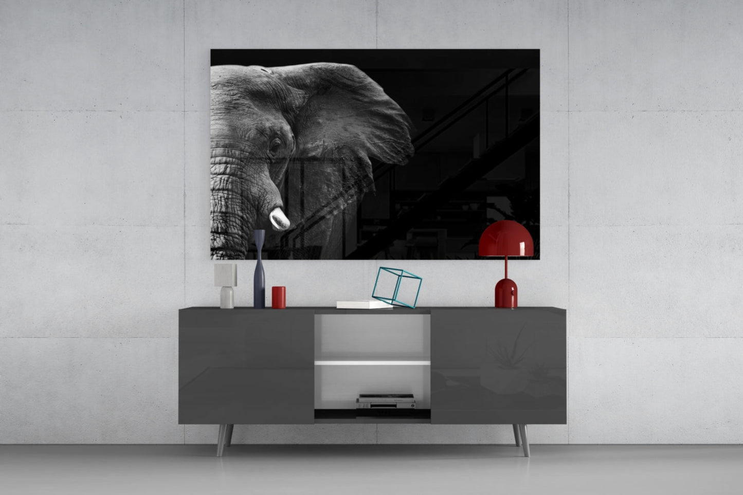 Dramatic Black Background Elephant Glass Wall Art