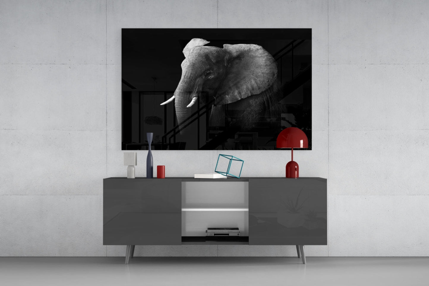 Ear Detail Black and White Elephant Glass Wall Art