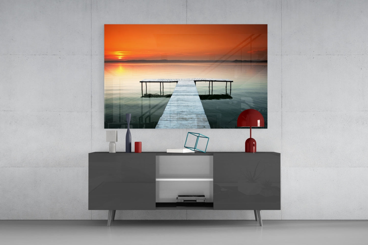 Orange Sunset Lake Swim Platform Glass Wall Art
