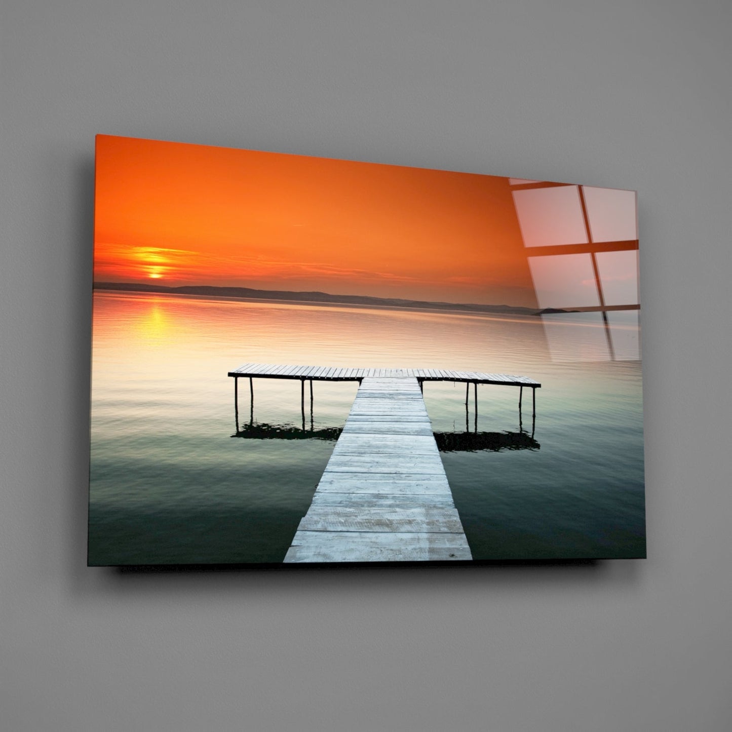 Orange Sunset Lake Swim Platform Glass Wall Art