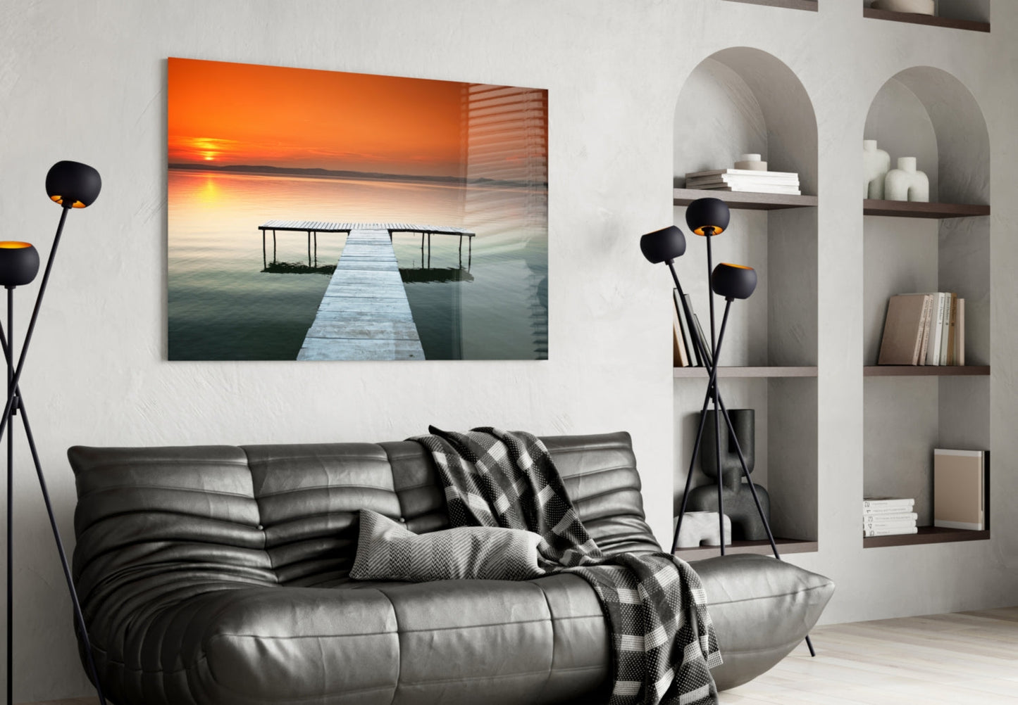 Orange Sunset Lake Swim Platform Glass Wall Art