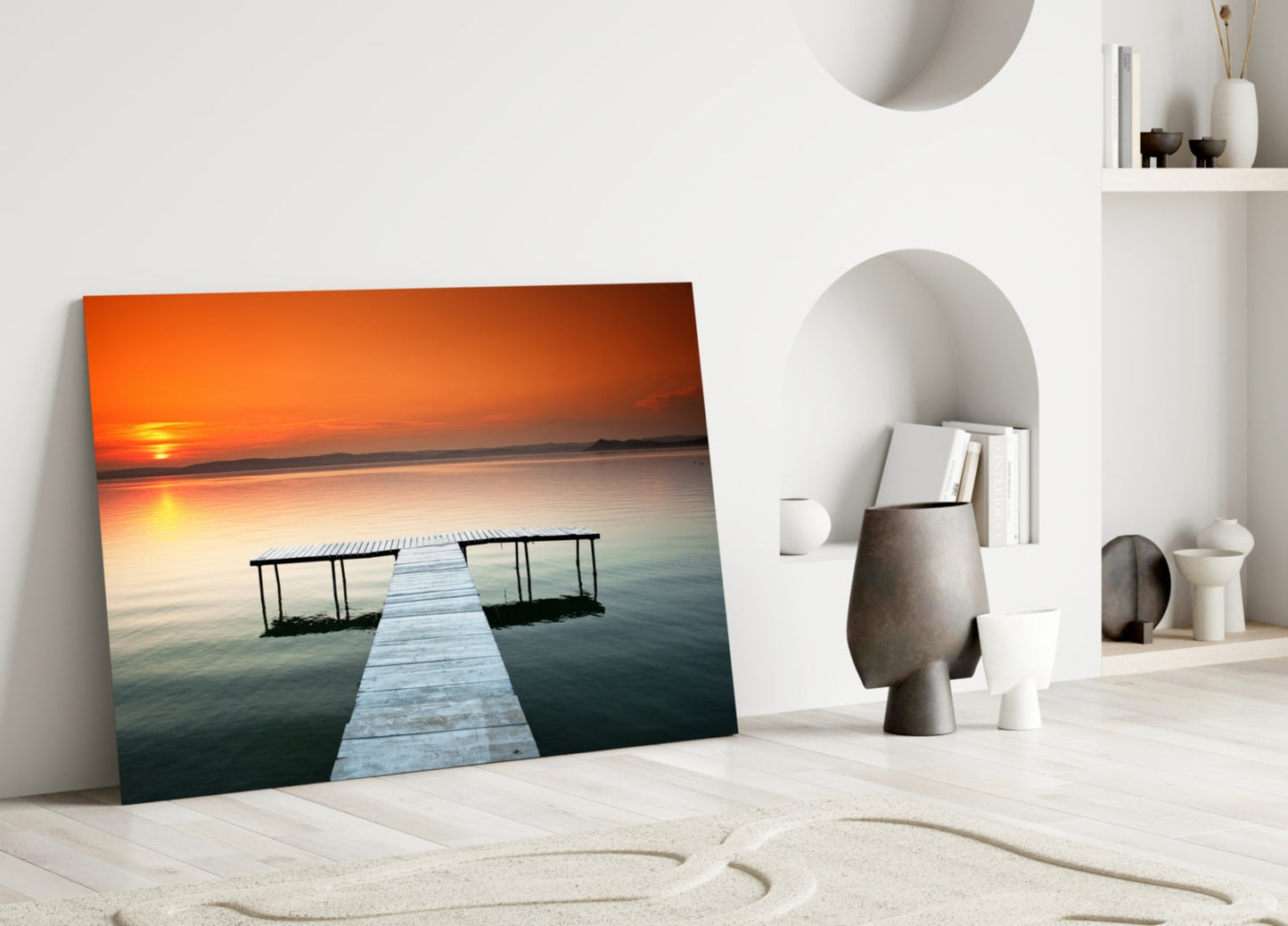 Orange Sunset Lake Swim Platform Glass Wall Art