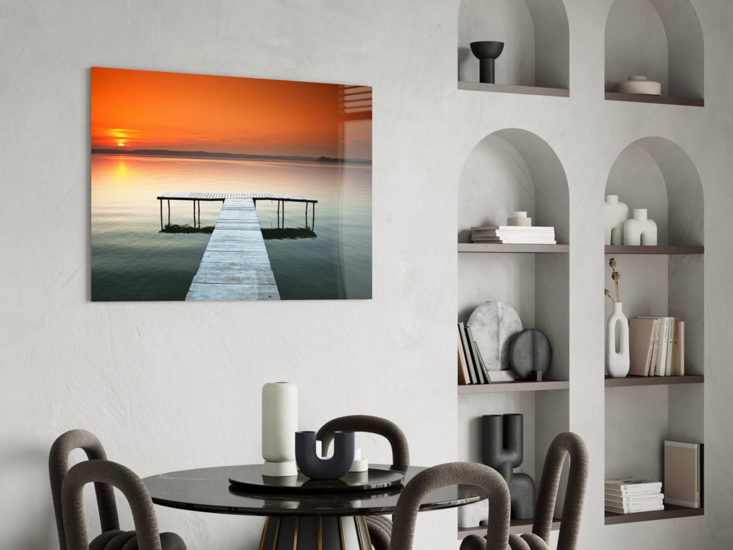 Orange Sunset Lake Swim Platform Glass Wall Art