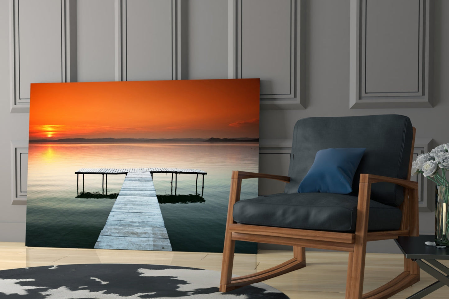 Orange Sunset Lake Swim Platform Glass Wall Art