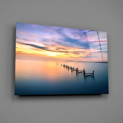 Purple Dusk Pier Posts Glass Wall Art