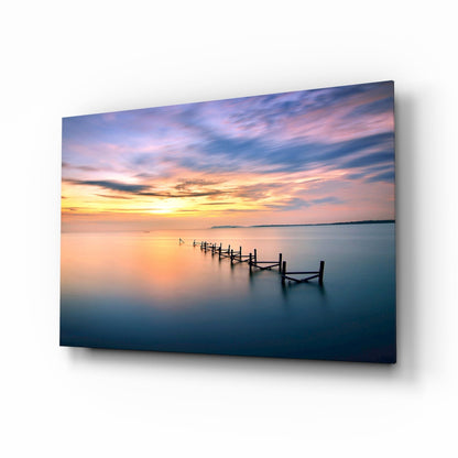 Purple Dusk Pier Posts Glass Wall Art