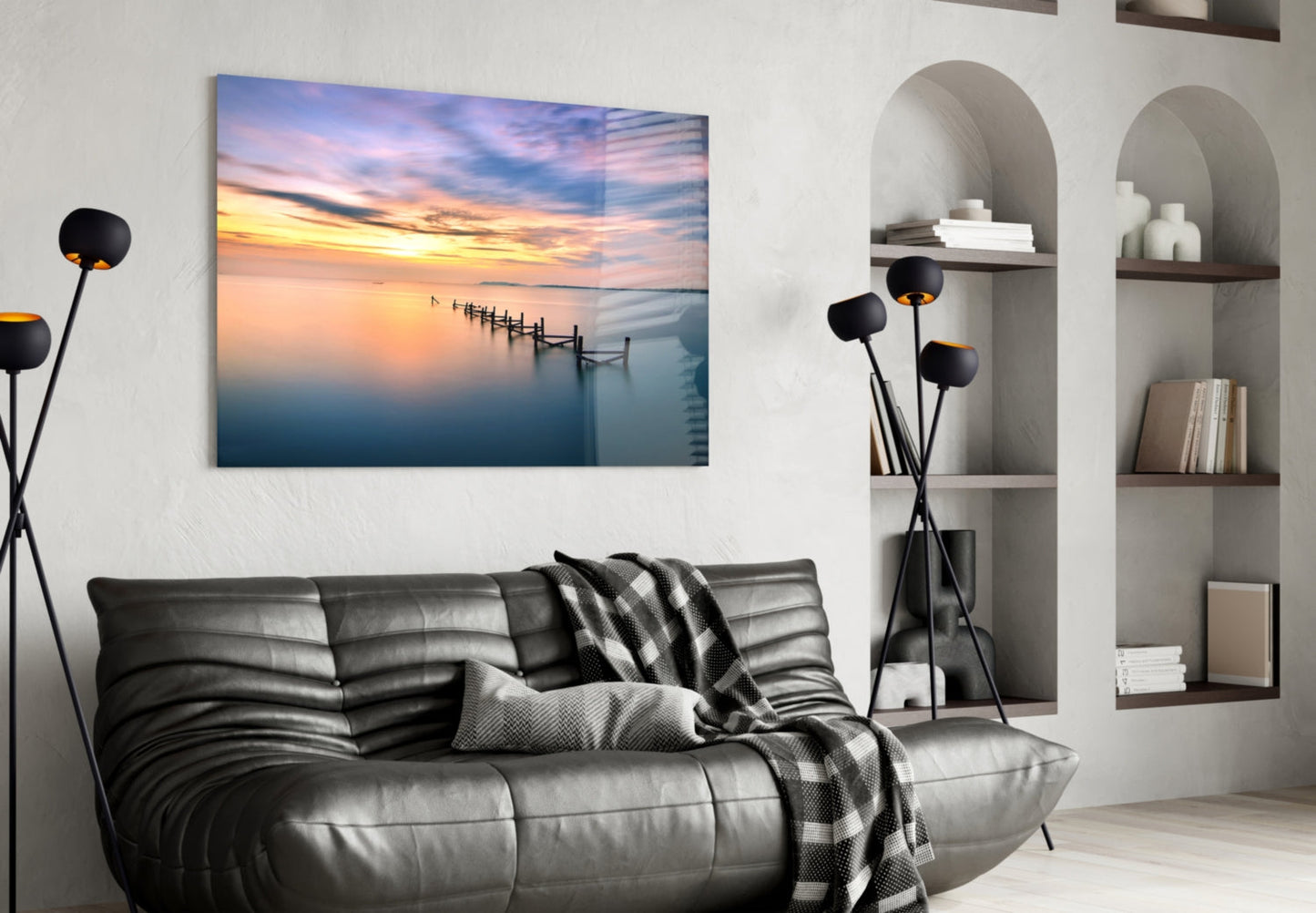 Purple Dusk Pier Posts Glass Wall Art