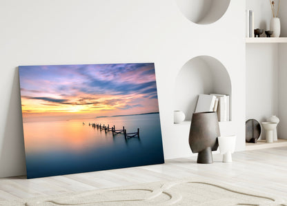 Purple Dusk Pier Posts Glass Wall Art