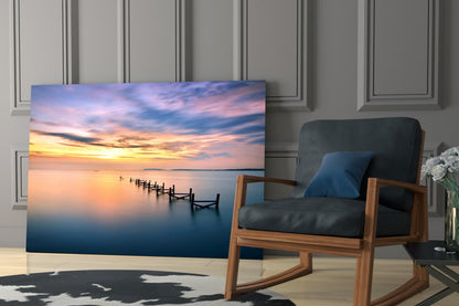 Purple Dusk Pier Posts Glass Wall Art