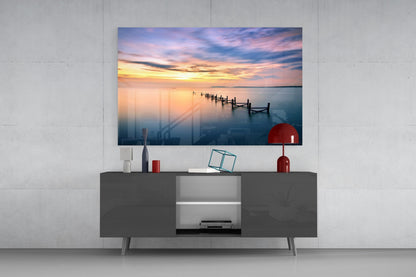 Purple Dusk Pier Posts Glass Wall Art