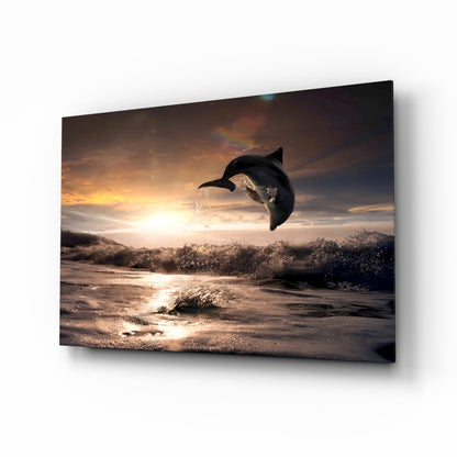 Leaping Dolphin Golden Sunset Glass Wall Art