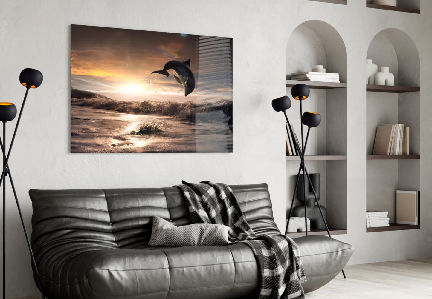Leaping Dolphin Golden Sunset Glass Wall Art