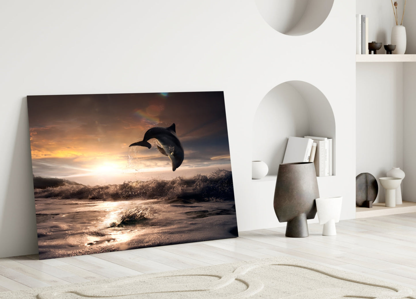 Leaping Dolphin Golden Sunset Glass Wall Art