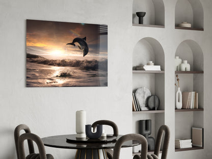 Leaping Dolphin Golden Sunset Glass Wall Art
