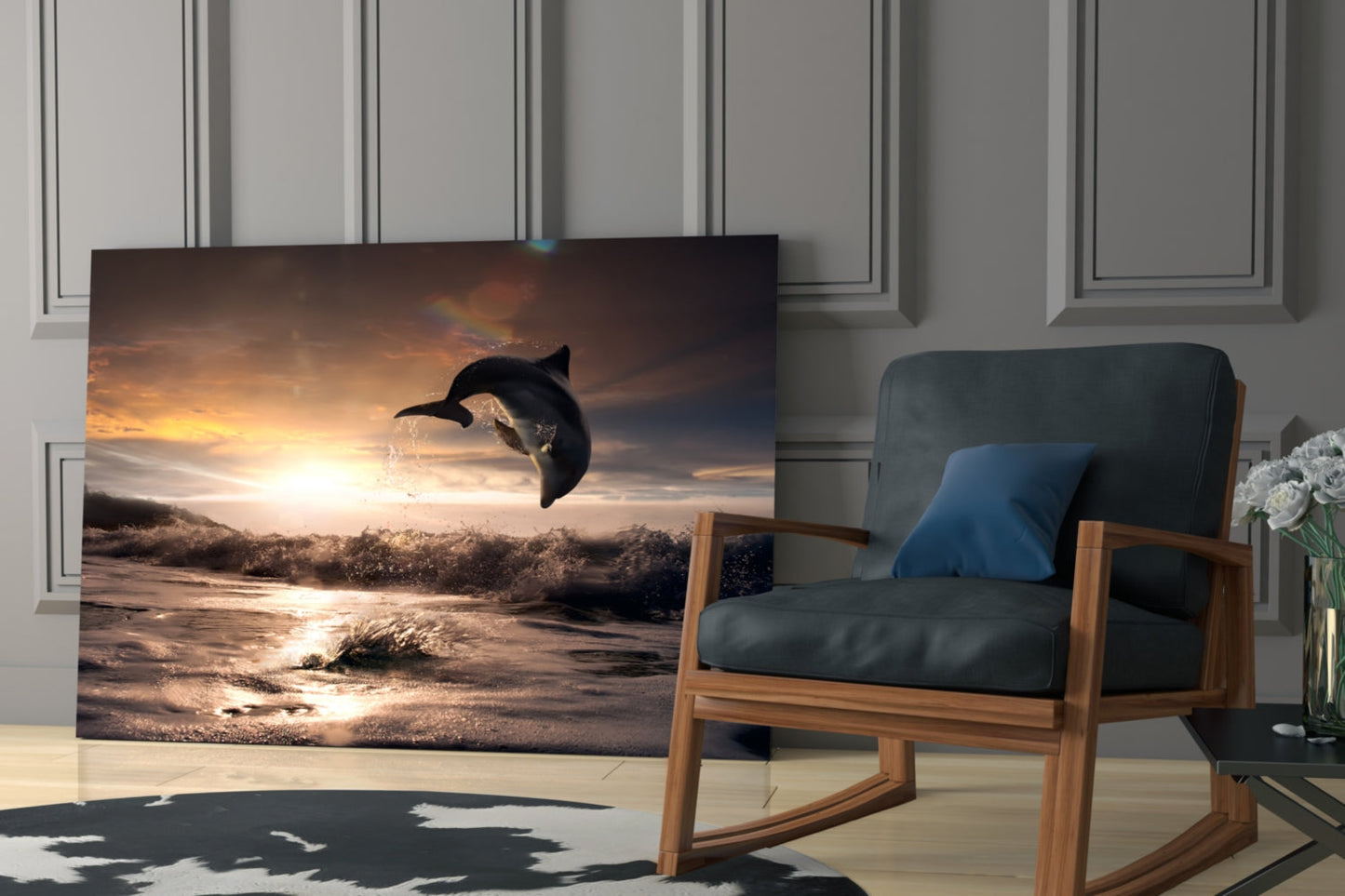 Leaping Dolphin Golden Sunset Glass Wall Art