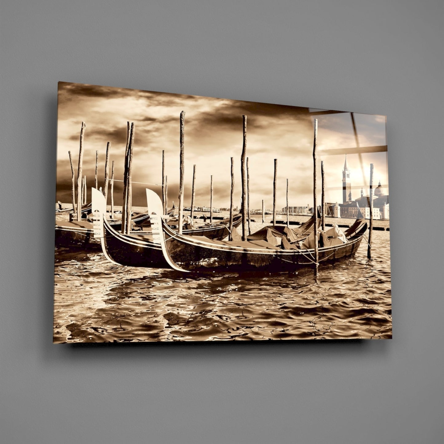 Sepia Moored Gondolas Skyline Glass Wall Art