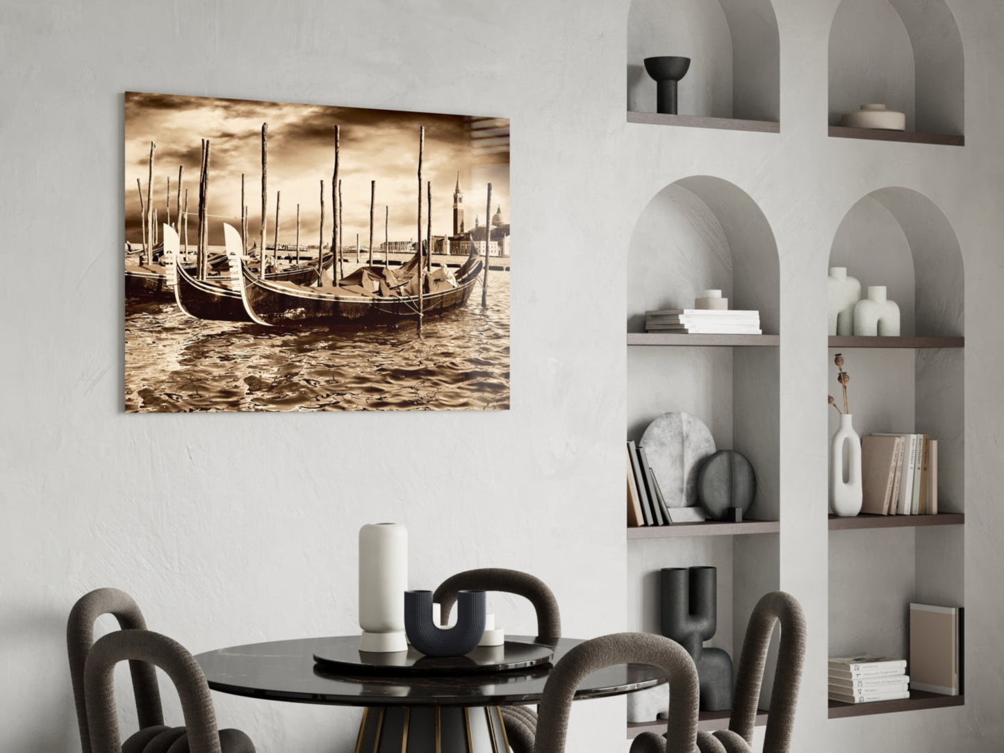 Sepia Moored Gondolas Skyline Glass Wall Art