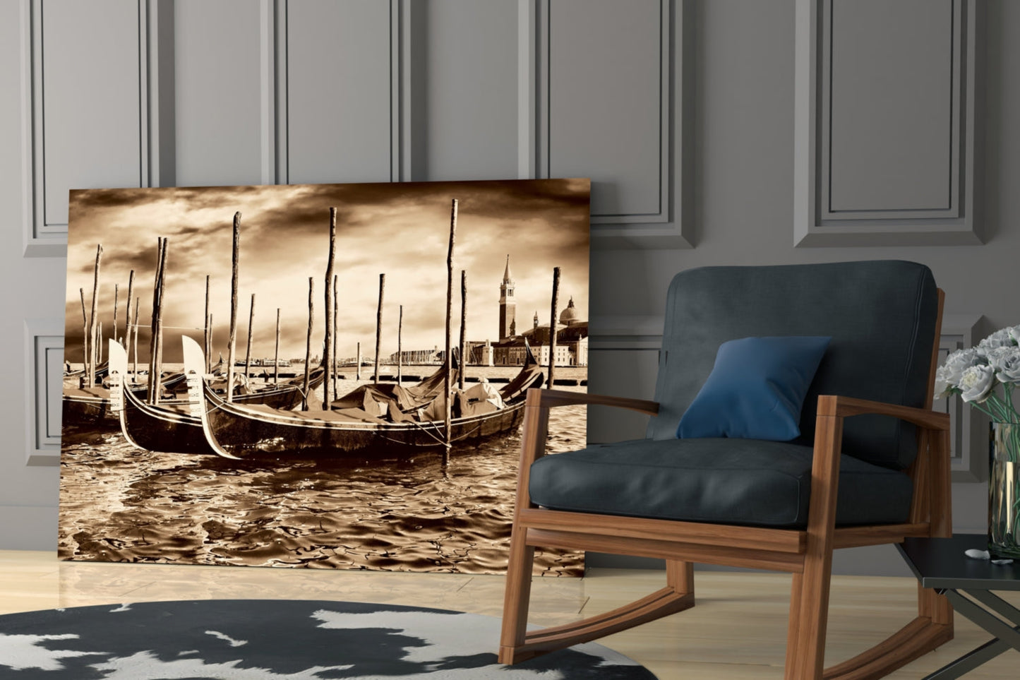 Sepia Moored Gondolas Skyline Glass Wall Art