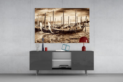 Sepia Moored Gondolas Skyline Glass Wall Art