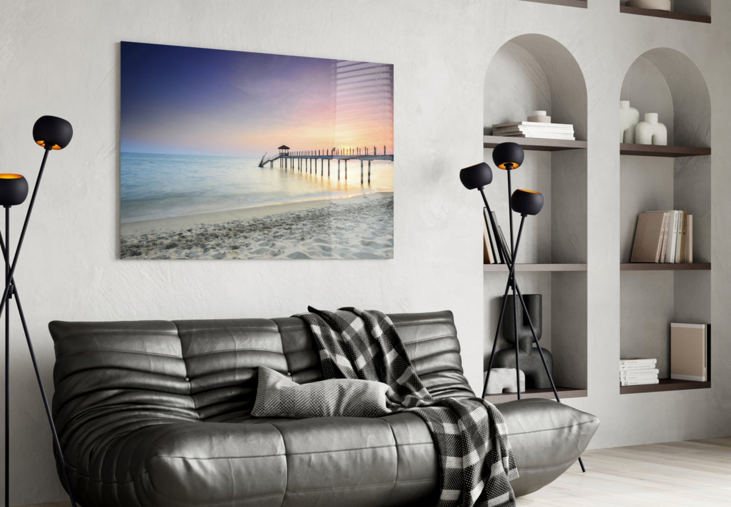 Pastel Dawn Sandy Beach Pier Glass Wall Art