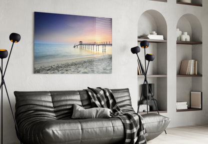 Pastel Dawn Sandy Beach Pier Glass Wall Art