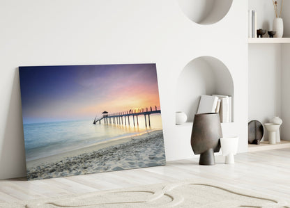 Pastel Dawn Sandy Beach Pier Glass Wall Art