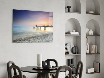Pastel Dawn Sandy Beach Pier Glass Wall Art