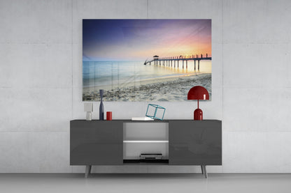 Pastel Dawn Sandy Beach Pier Glass Wall Art