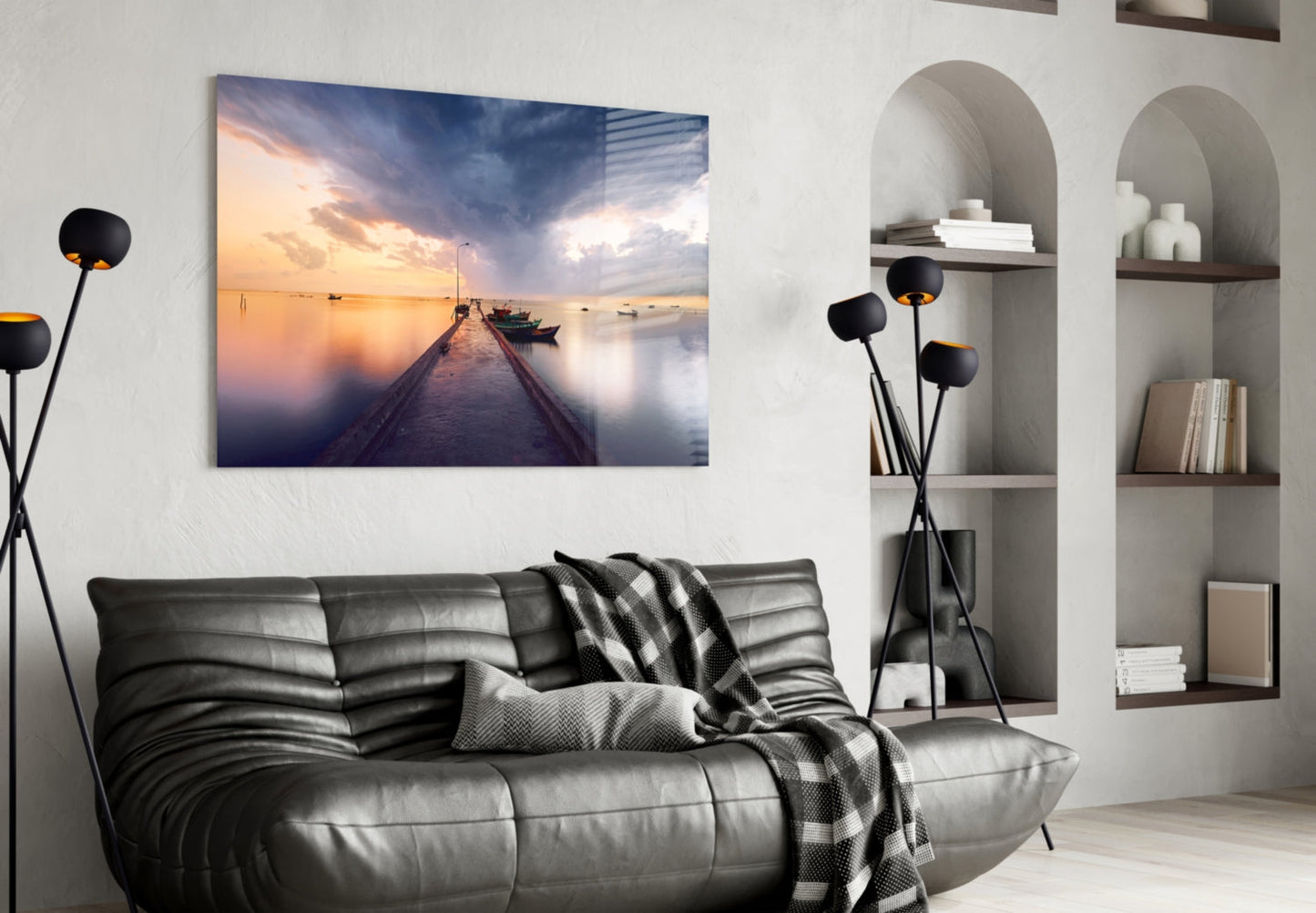 Stormy Sky Moored Fishing Boats Glass Wall Art