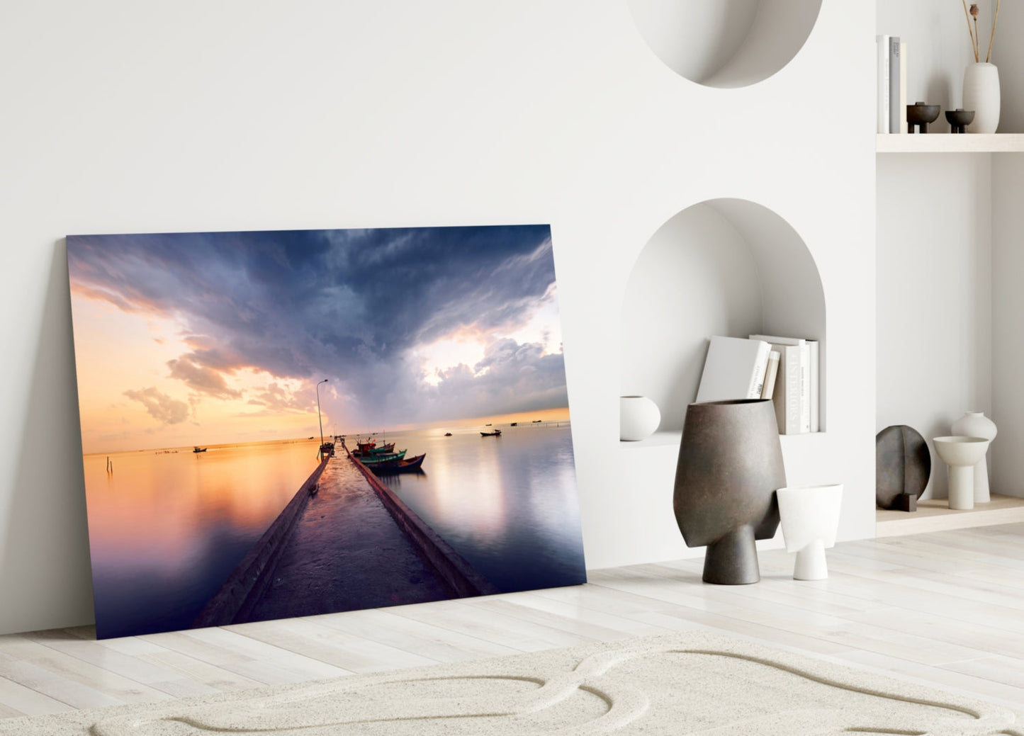 Stormy Sky Moored Fishing Boats Glass Wall Art