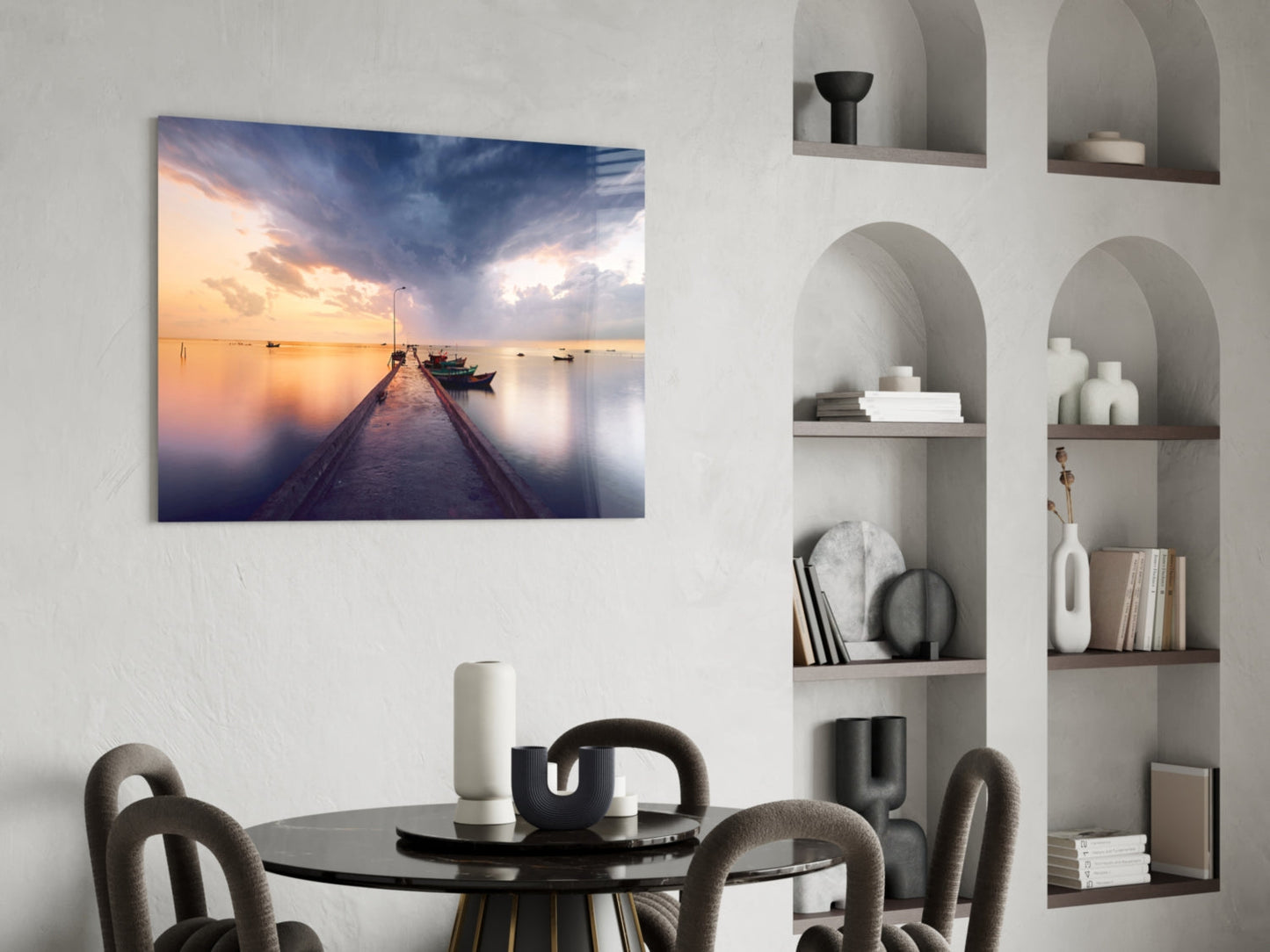 Stormy Sky Moored Fishing Boats Glass Wall Art