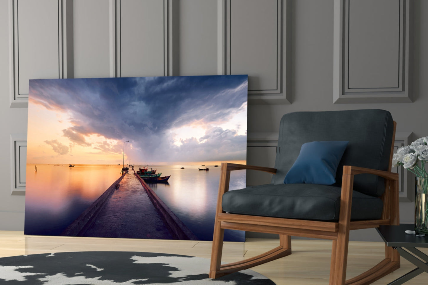 Stormy Sky Moored Fishing Boats Glass Wall Art