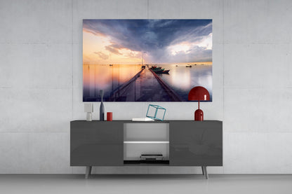 Stormy Sky Moored Fishing Boats Glass Wall Art