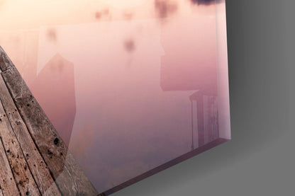 Violet Sunset Lone Boat Jetty Glass Wall Art