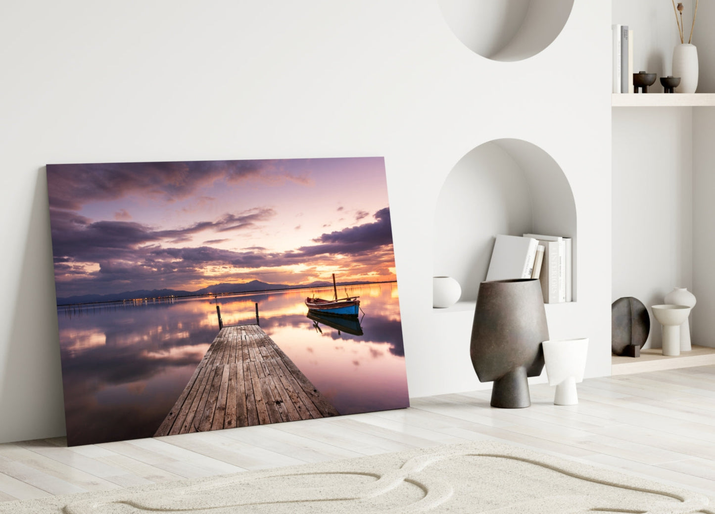 Violet Sunset Lone Boat Jetty Glass Wall Art