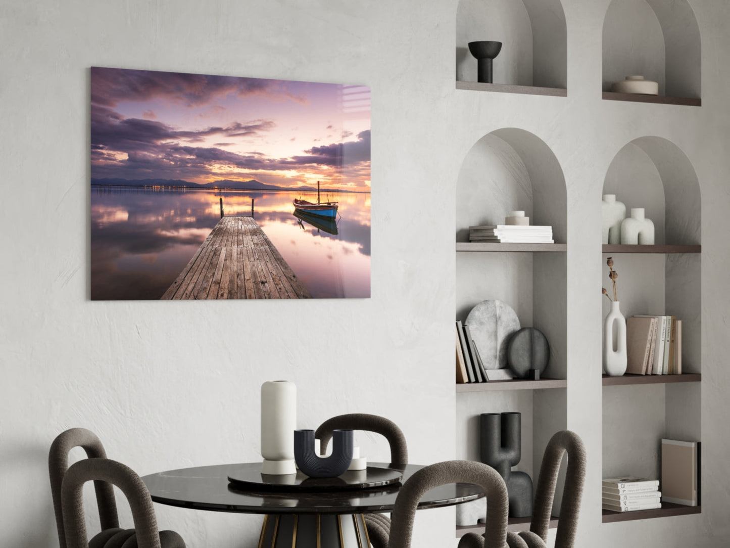 Violet Sunset Lone Boat Jetty Glass Wall Art
