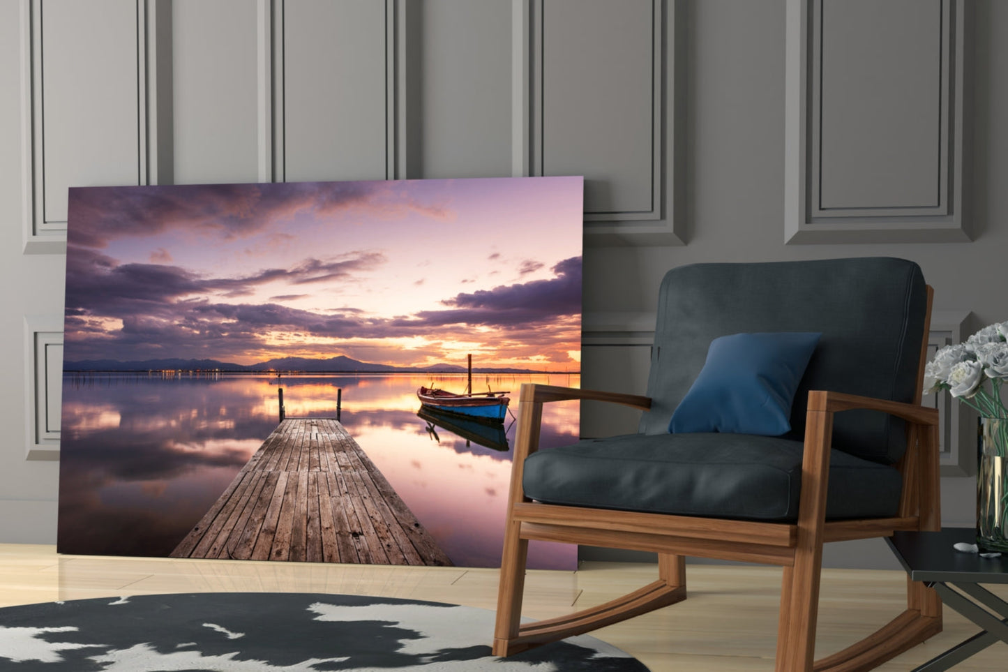 Violet Sunset Lone Boat Jetty Glass Wall Art