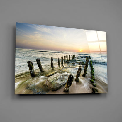 Weathered Groyne Posts Seascape Glass Wall Art