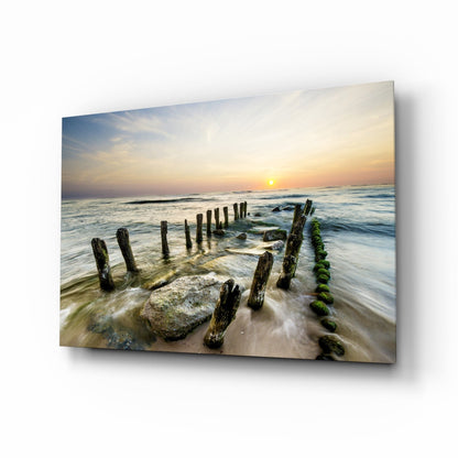 Weathered Groyne Posts Seascape Glass Wall Art