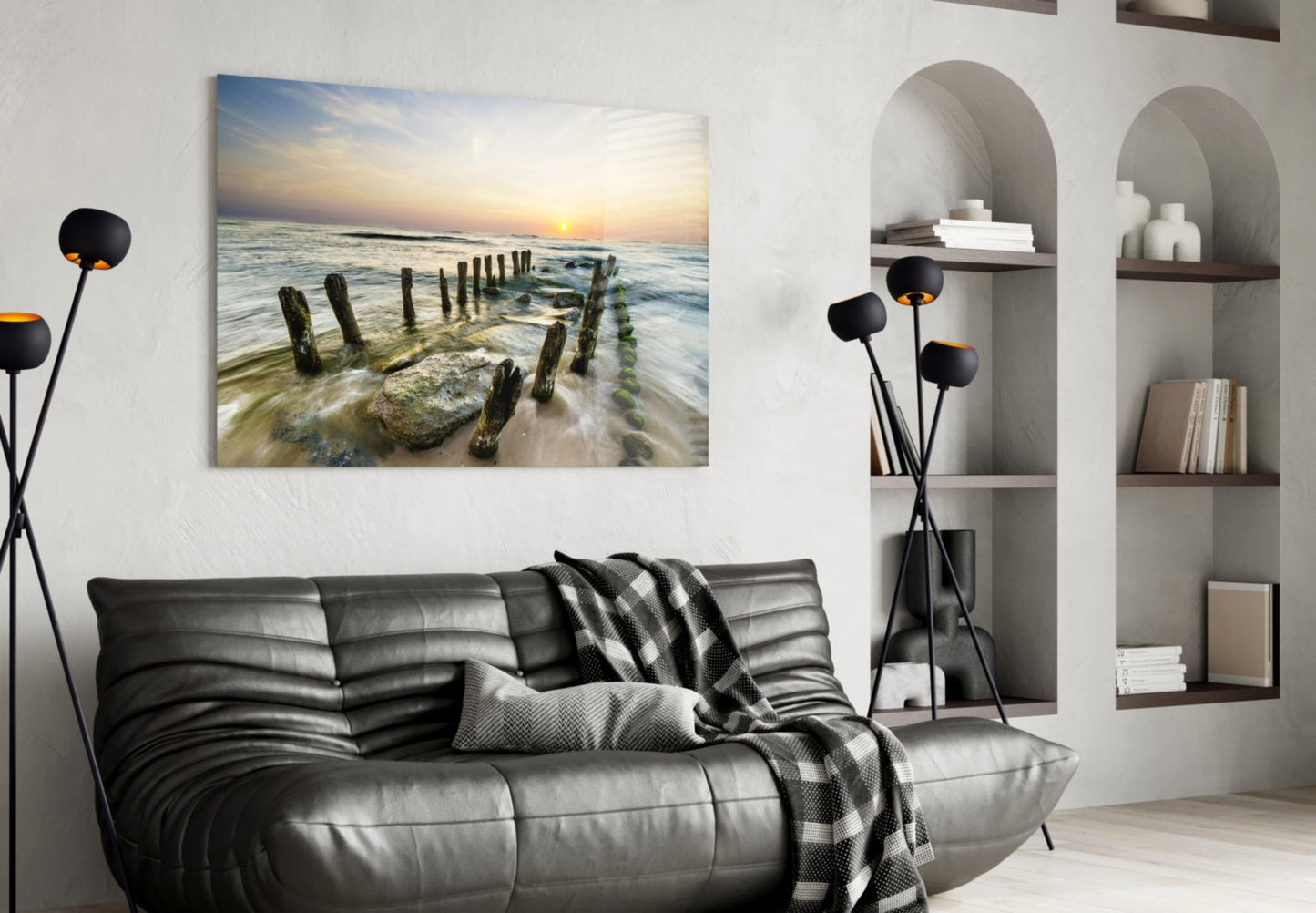 Weathered Groyne Posts Seascape Glass Wall Art