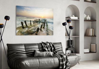 Weathered Groyne Posts Seascape Glass Wall Art