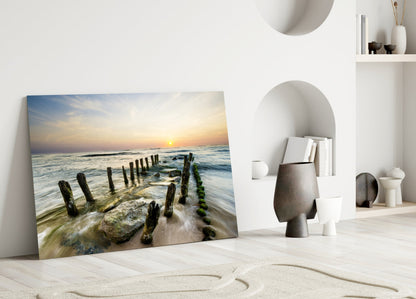 Weathered Groyne Posts Seascape Glass Wall Art