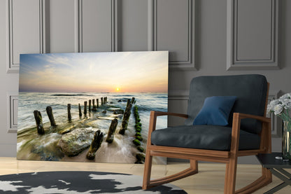 Weathered Groyne Posts Seascape Glass Wall Art