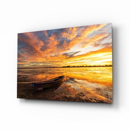 Golden Sunset Lake Boat Glass Wall Art