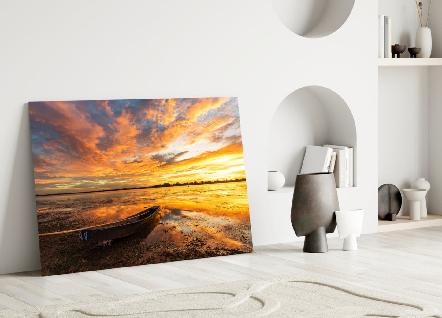 Golden Sunset Lake Boat Glass Wall Art