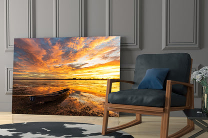 Golden Sunset Lake Boat Glass Wall Art