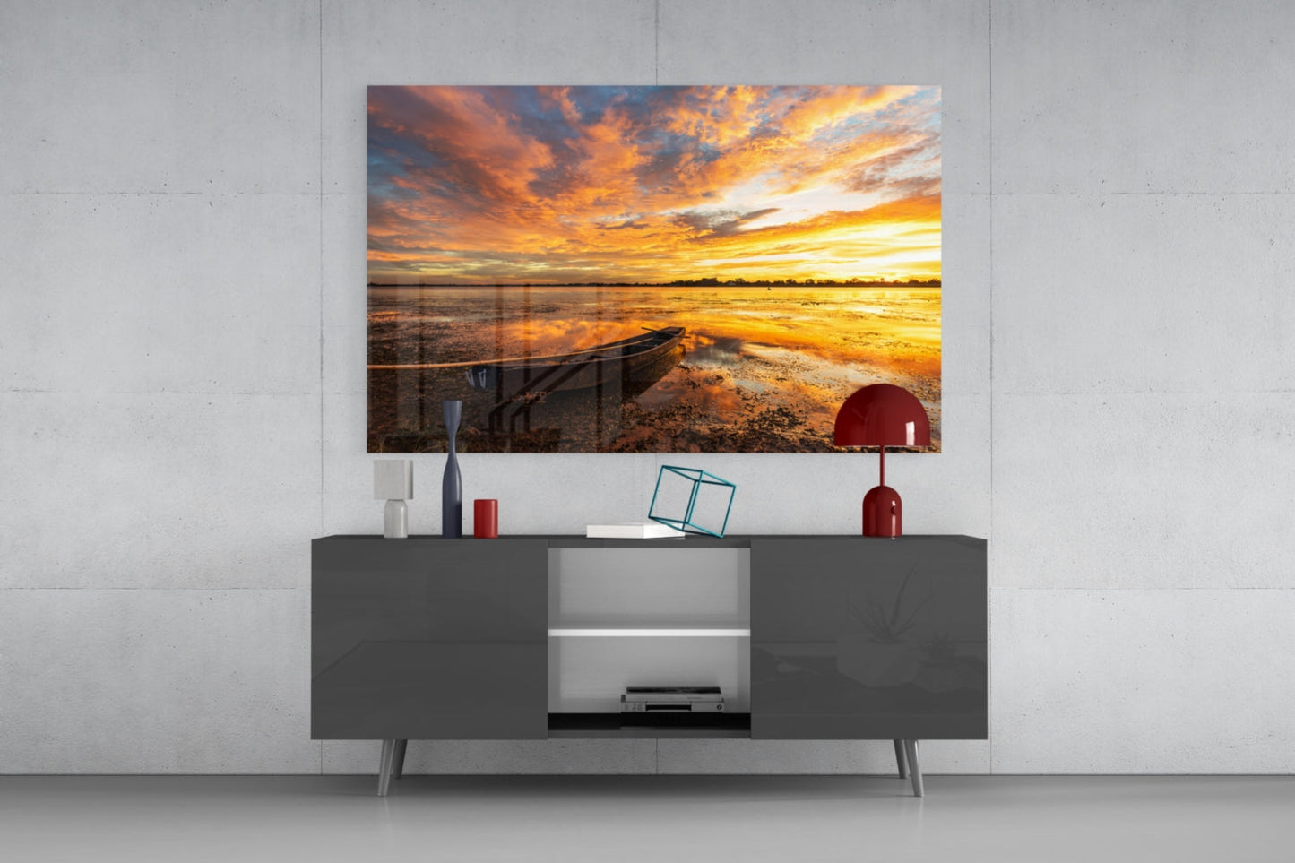Golden Sunset Lake Boat Glass Wall Art