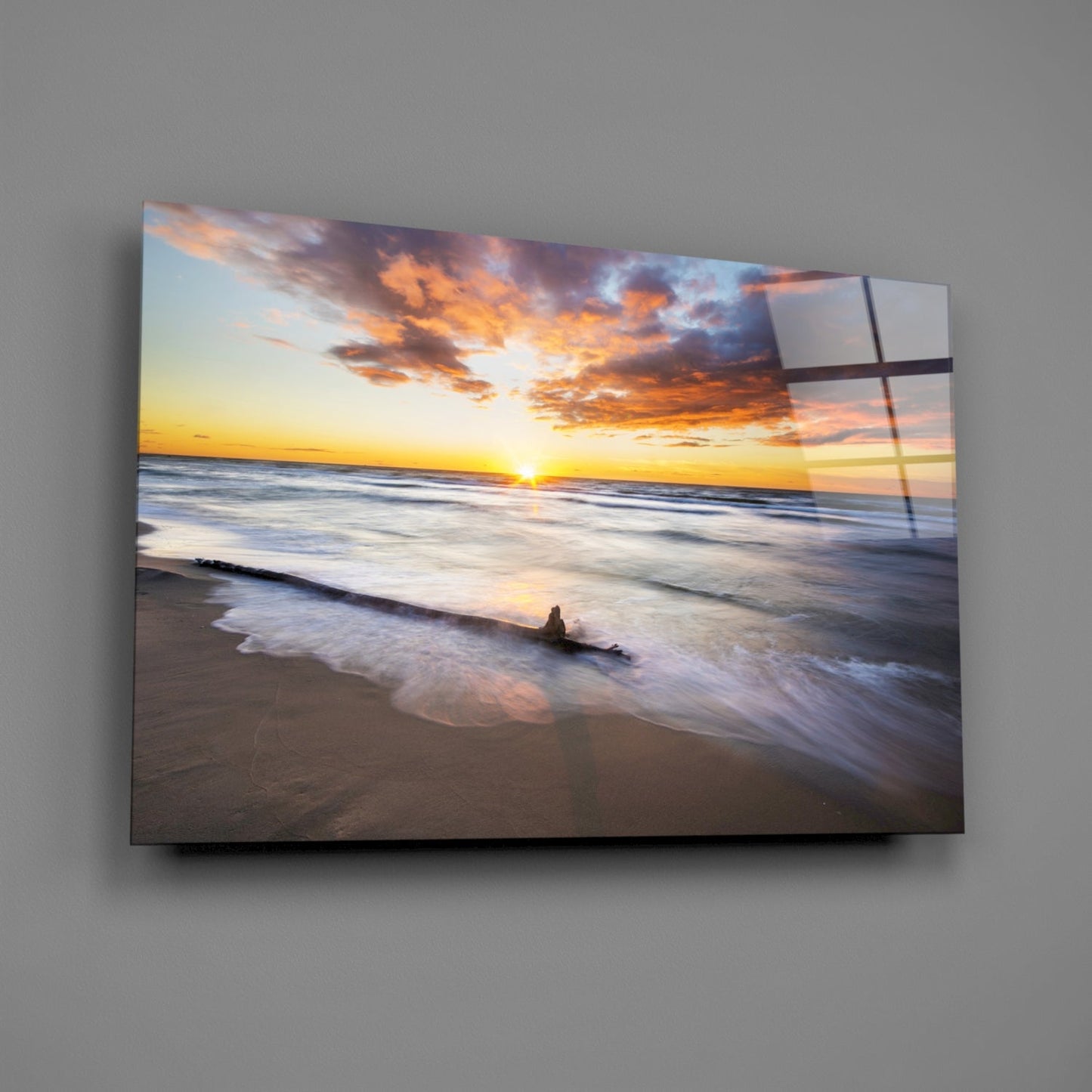 Driftwood Beach Sunset Glass Wall Art