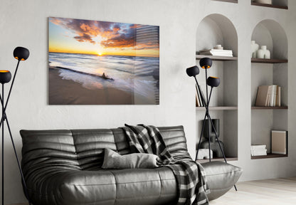 Driftwood Beach Sunset Glass Wall Art