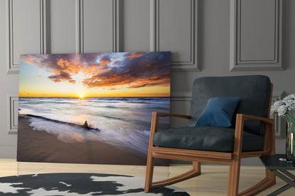 Driftwood Beach Sunset Glass Wall Art